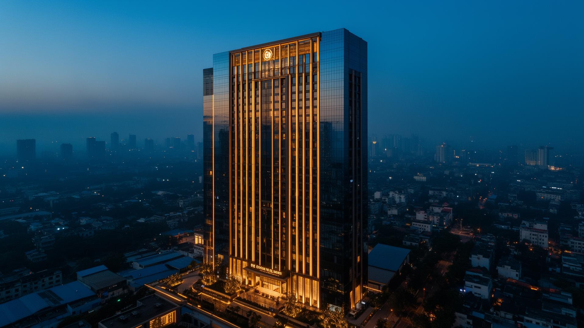Illuminated luxury hotel tower at dusk